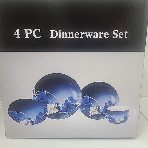 4pc Dinner Set Blue Floral Design; 10", 8" Plates 16oz Mug 7.5" Soup Bowl - Picture 2 of 4